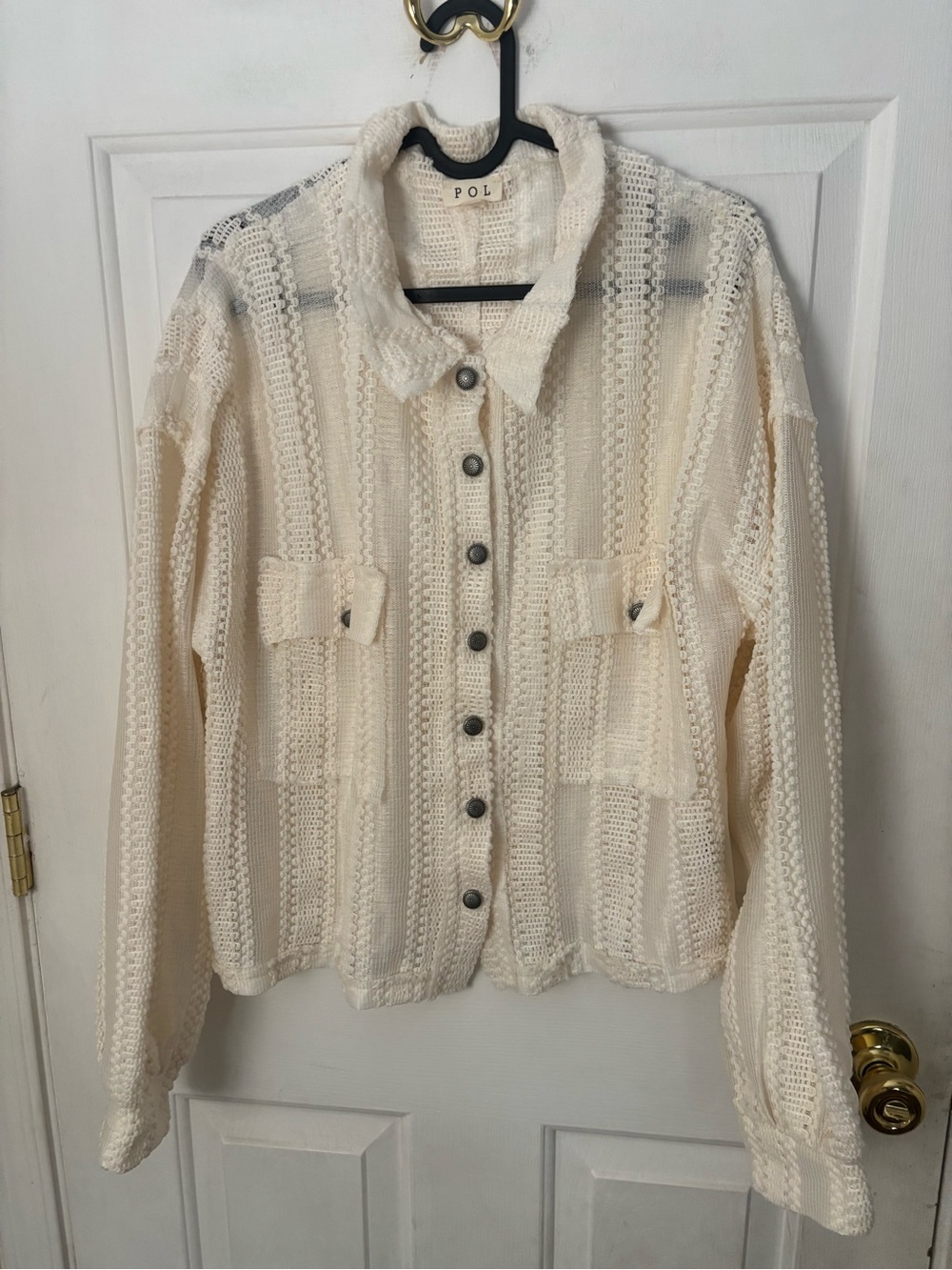 POL Cream Textured Knit Button-Up Jacket